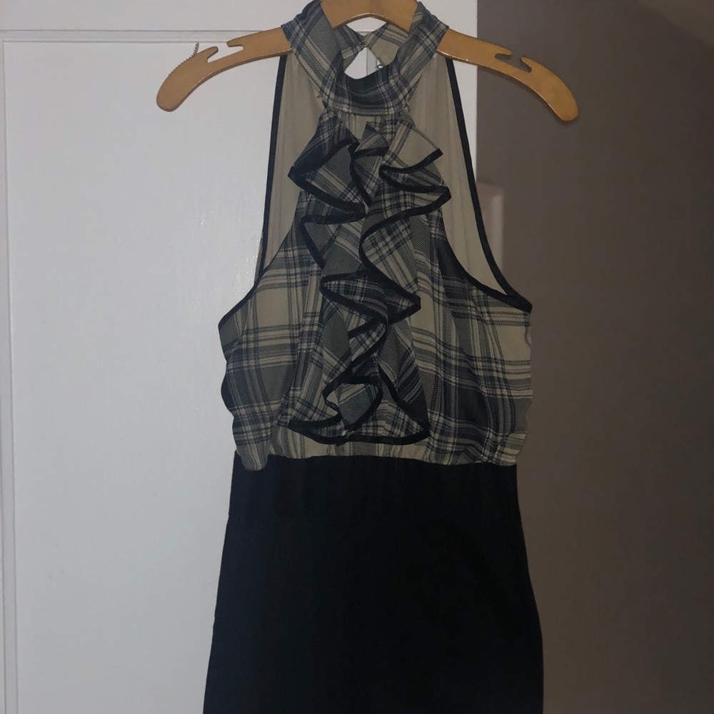 Ruffled plaid & black pencil dress.